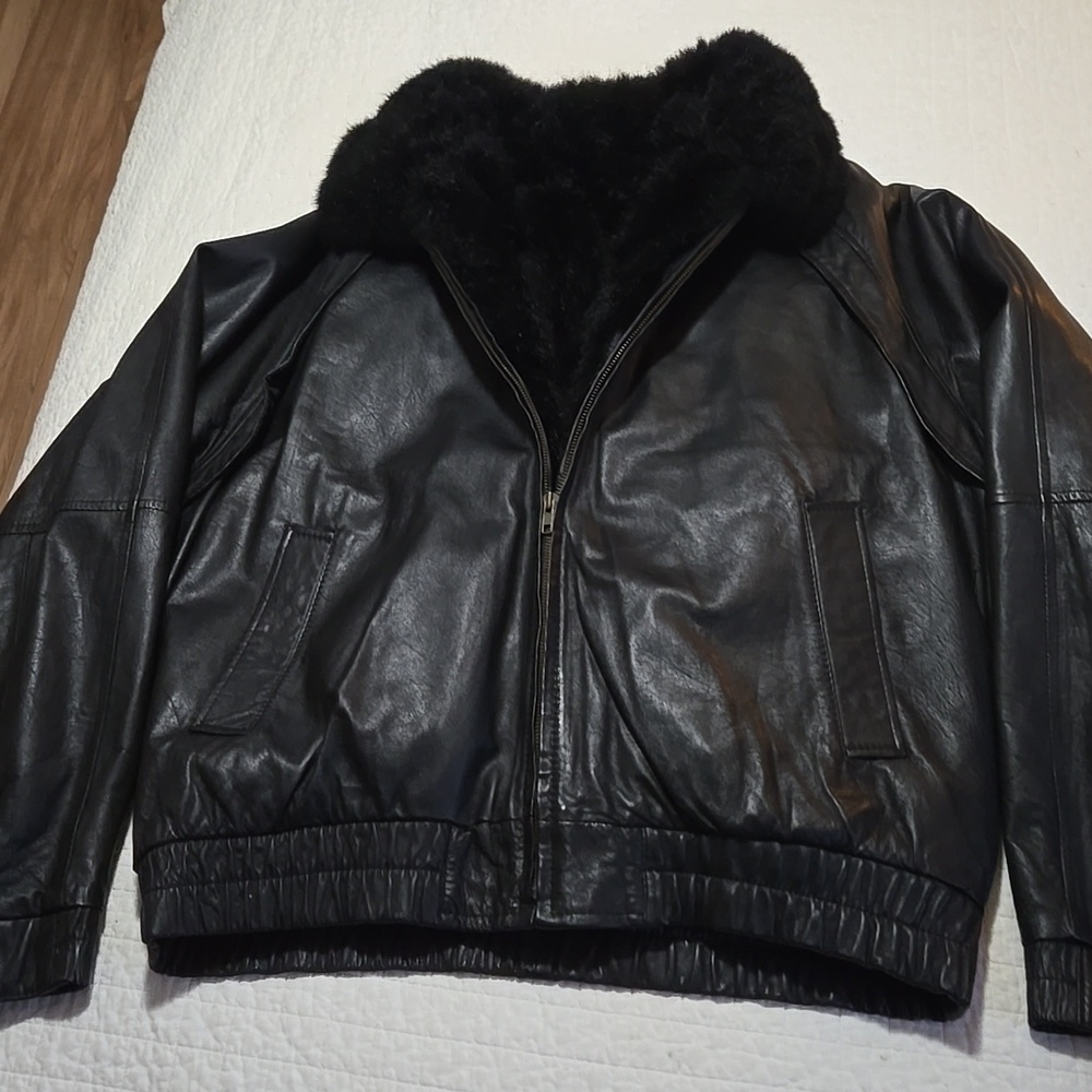 Raffaelo Golden Collection Leather RemovableOpossum Lined Bomber Jacket Size 46